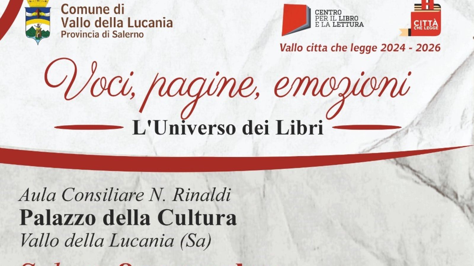 VALLO DELLA LUCANIA, PROSEGUE CON SUCCESSO LA RASSEGNA &quot;VOCI, PAGINE, EMOZIONI&quot;: APPUNTAMENTO SABATO 8 NOVEMBRE